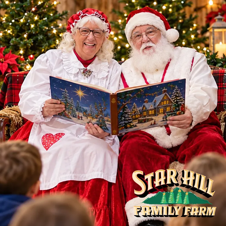 Story-time-StarHill Santa and Mrs. Clause read Christmas stories for the annual canned food drive at Star Hill Family Farm.